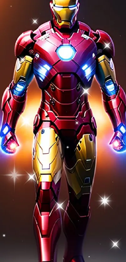 Futuristic red and gold armored character with glowing blue energy.