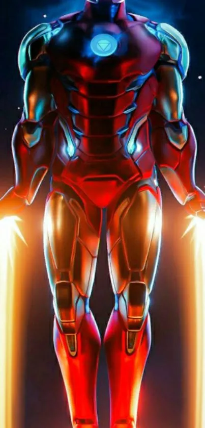 Futuristic iron armor character, glowing red and blue.