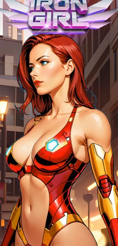 Futuristic Iron Girl in red armor with a city backdrop.