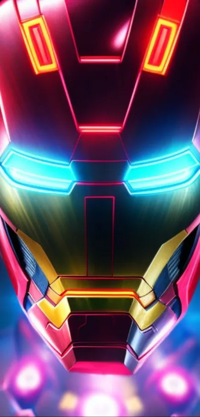 Futuristic iron helmet with neon lights on a digital wallpaper.