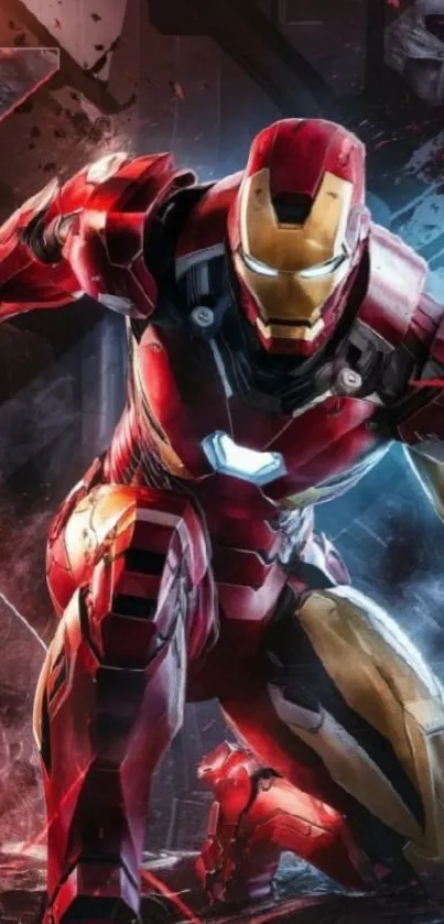 Iron Man in action-packed pose with vivid red armor.