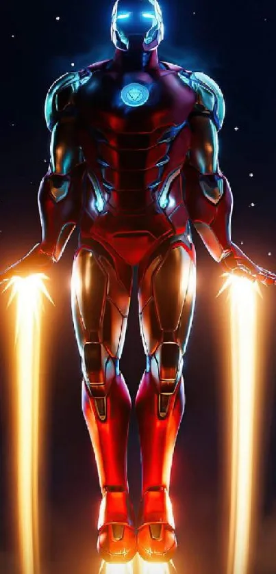 Futuristic iron hero flying with glowing jets.