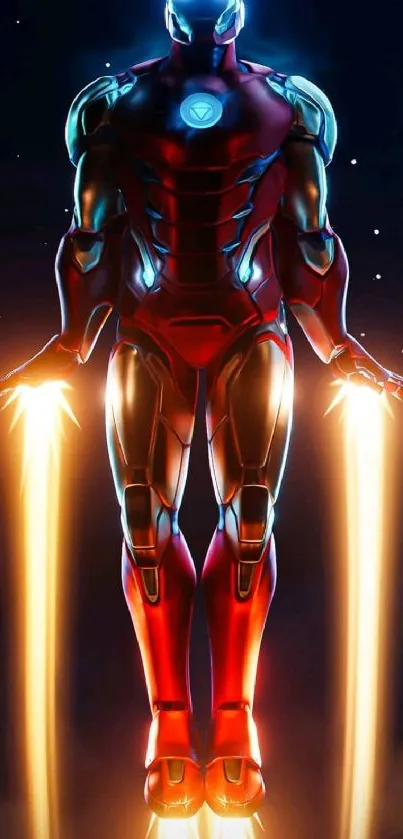 Futuristic hero in flight with glowing lights in the night sky, vibrant red and blue.