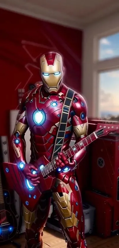 Iron Man playing guitar with vibrant red and gold armor in a modern room.