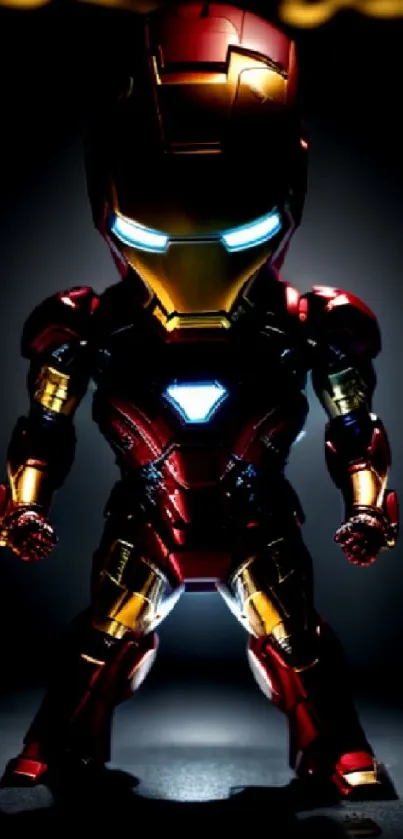 Vibrant iron suit glowing in red and gold tones on a mobile wallpaper.