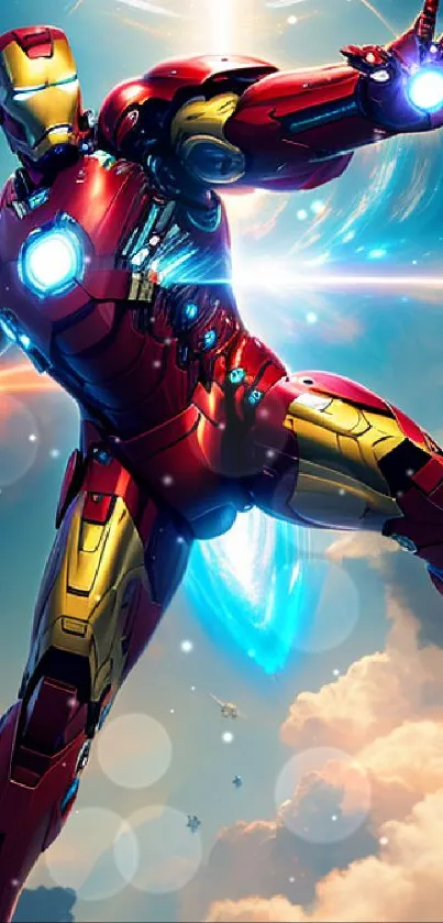 Iron suit in action against a cosmic sky with vibrant colors.