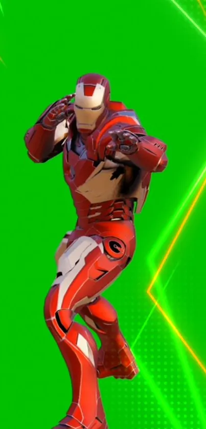 Dynamic red iron suit with green background.