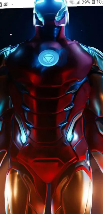 Futuristic glowing iron suit wallpaper for phones.