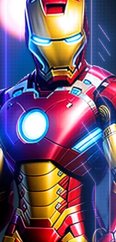 Vibrant red and gold superhero in futuristic armor on a mobile wallpaper.