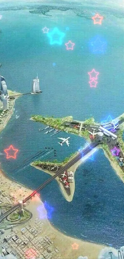 Futuristic cityscape with airplane-shaped island, surrounded by ocean.