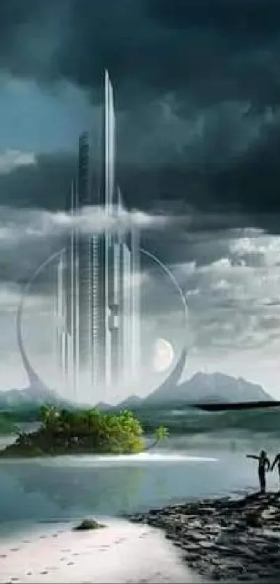 Futuristic landscape with helicopter and tower on stormy island.