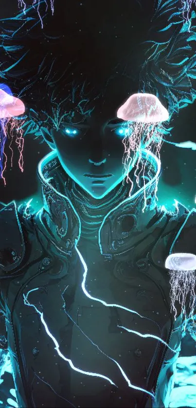 Futuristic anime figure with neon jellyfish in a glowing cyan aura.