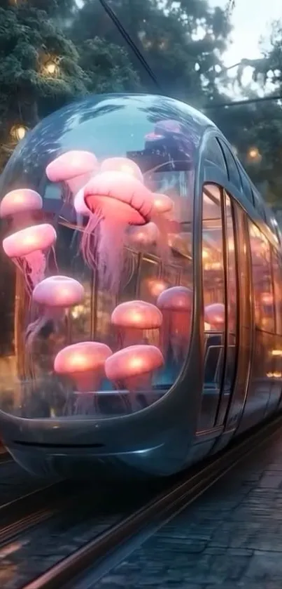 Futuristic tram filled with glowing jellyfish.