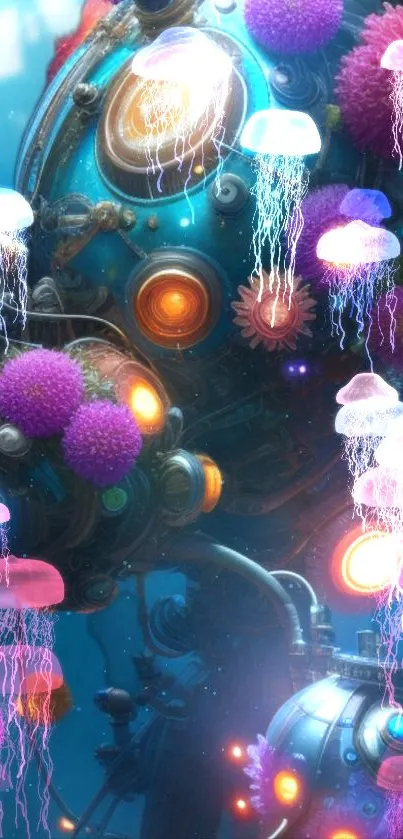 Futuristic underwater scene with colorful jellyfish and glowing elements.