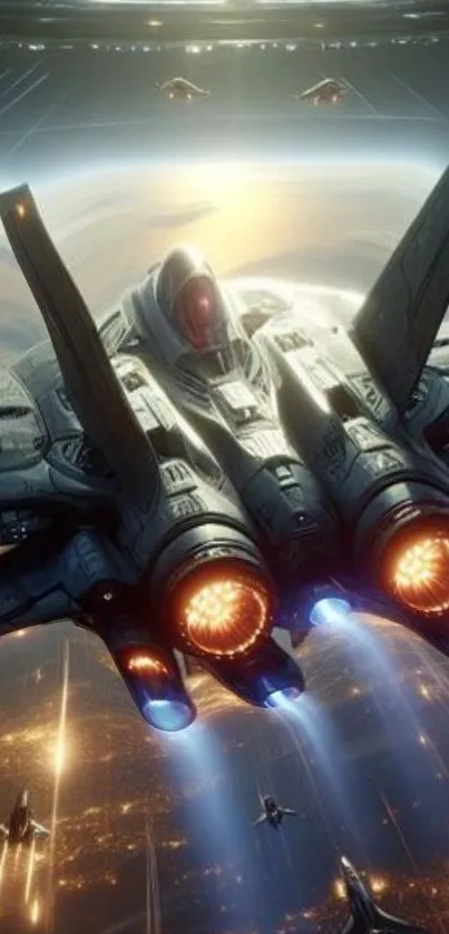 Futuristic jet soaring above a cityscape with glowing engines.