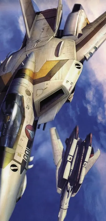 Futuristic jet fighters soaring in sky with clouds.