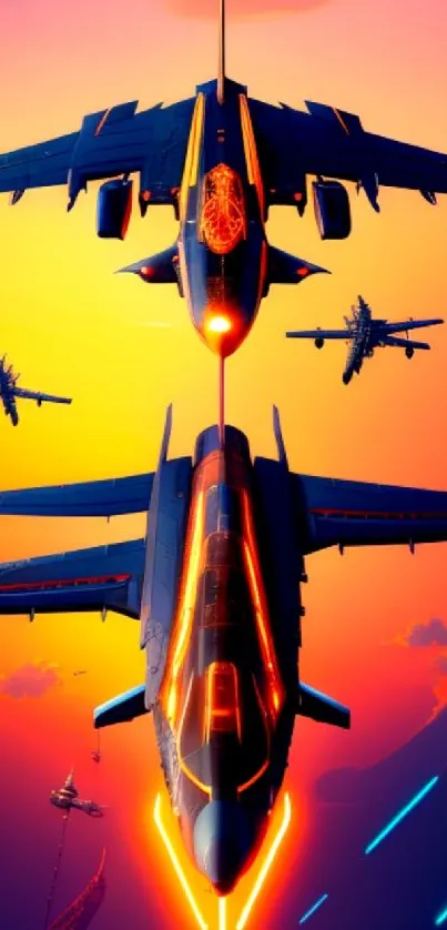 Futuristic jet fighters in vibrant sunset sky