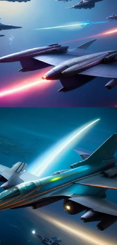 Futuristic jet fighters in vibrant space background.