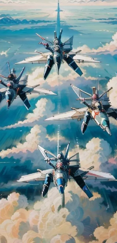 Futuristic jets flying through vibrant clouds in a sky blue scenery.