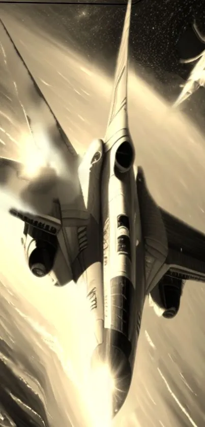 Futuristic jet soaring high in sepia tones.