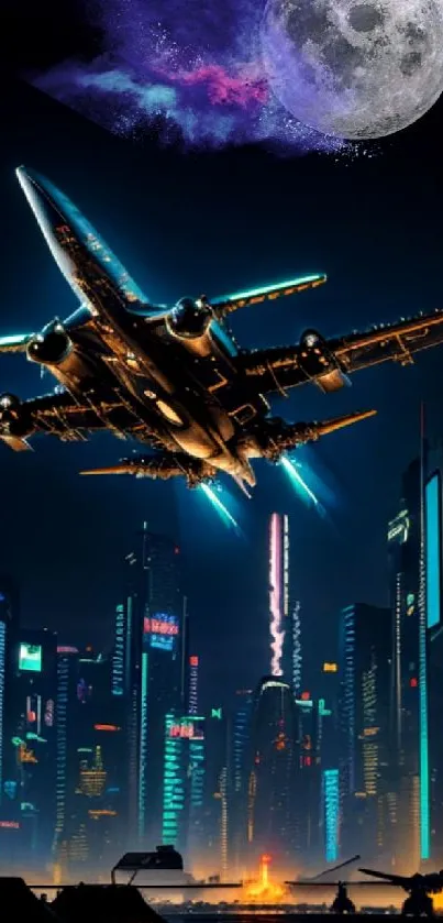 Jet flies over a futuristic neon cityscape beneath a moonlit sky.