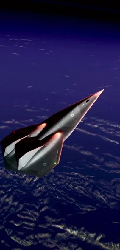 Futuristic jet flying over Earth from space, dark purple sky.