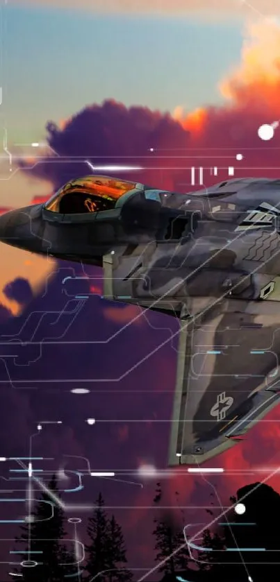 Futuristic jet in a vibrant sunset sky with digital overlays.