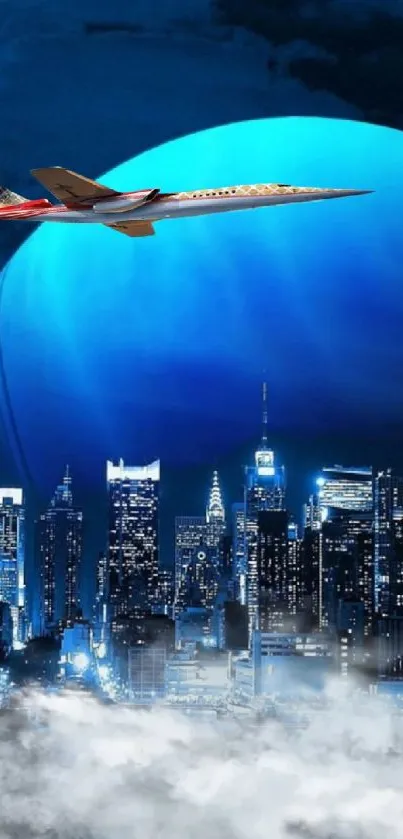 Jet flying over a futuristic city with a large blue planet in the background.