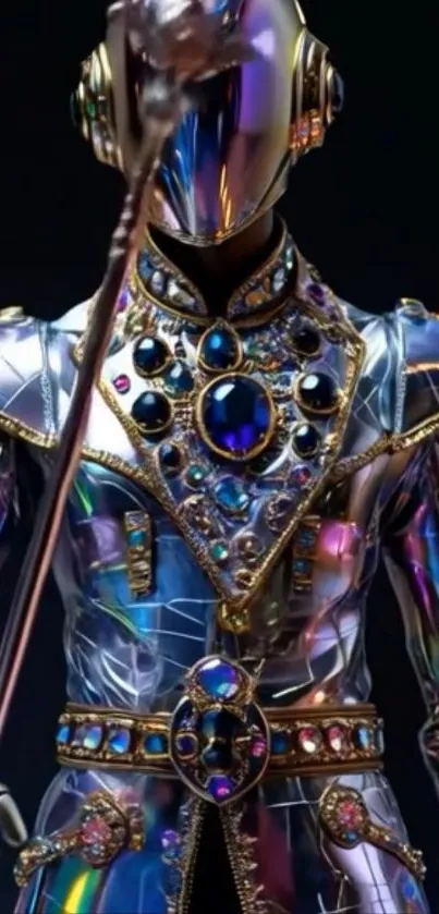 Futuristic armor with jewel embellishments and mirror finish.