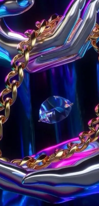 Futuristic metallic hands with chain and neon colors.