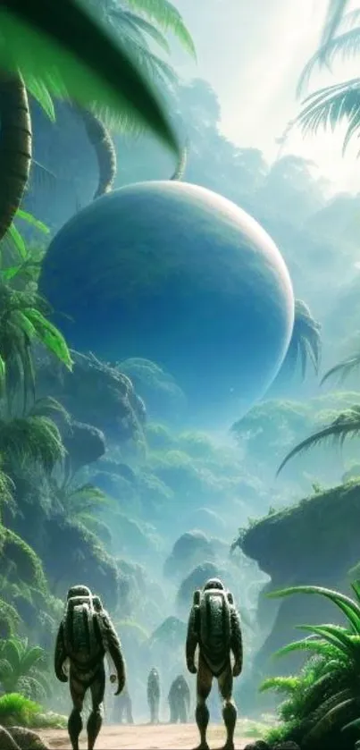 Astronauts explore a jungle with a distant blue planet.