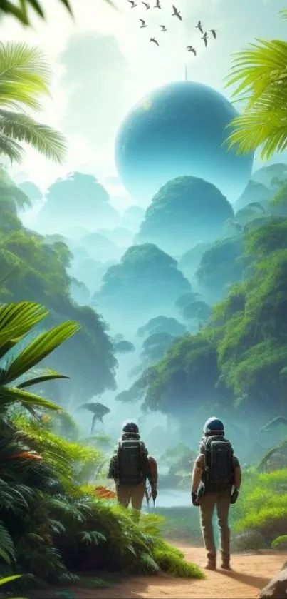 Two astronauts walk in a lush, futuristic jungle with an alien sphere.