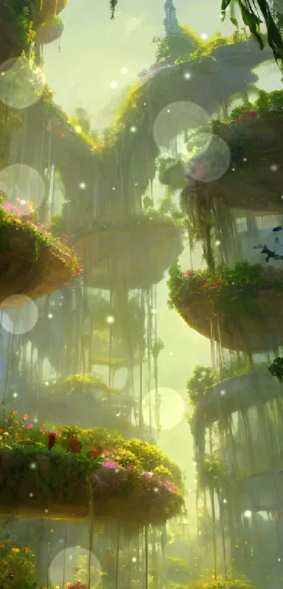 Futuristic jungle with hanging gardens, lush greenery, and cascading waterfalls.