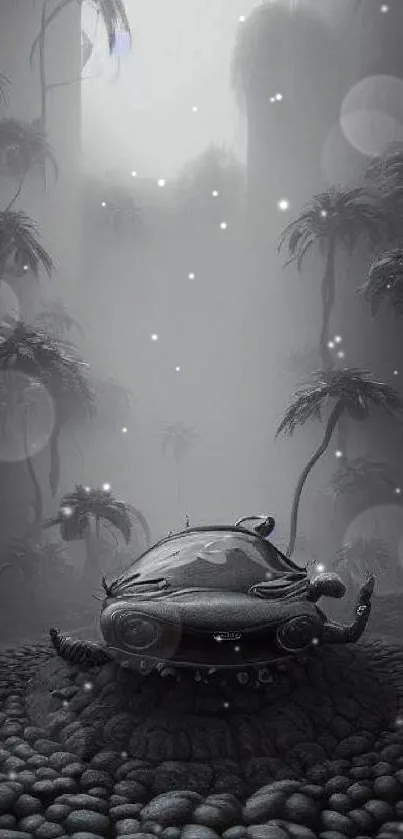 Futuristic alien structure in a misty jungle setting.