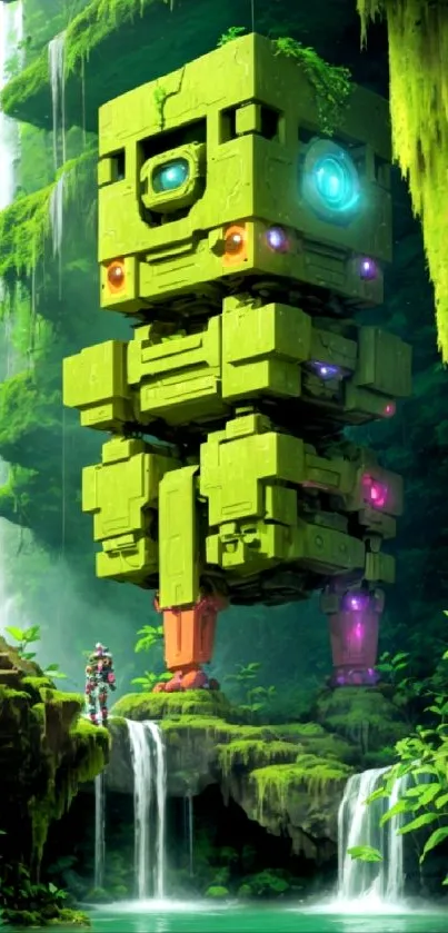 Giant green robot in a lush jungle with waterfalls and vibrant nature.