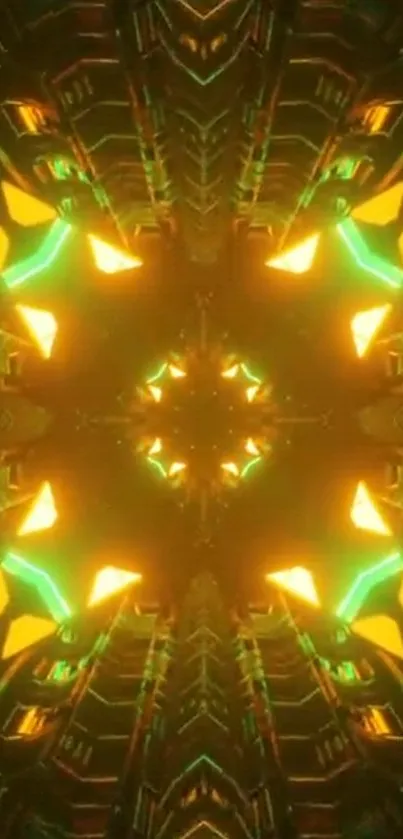 Futuristic neon kaleidoscope phone wallpaper with glowing green and yellow accents.