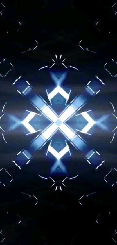 Abstract neon kaleidoscope art with blue geometric patterns.