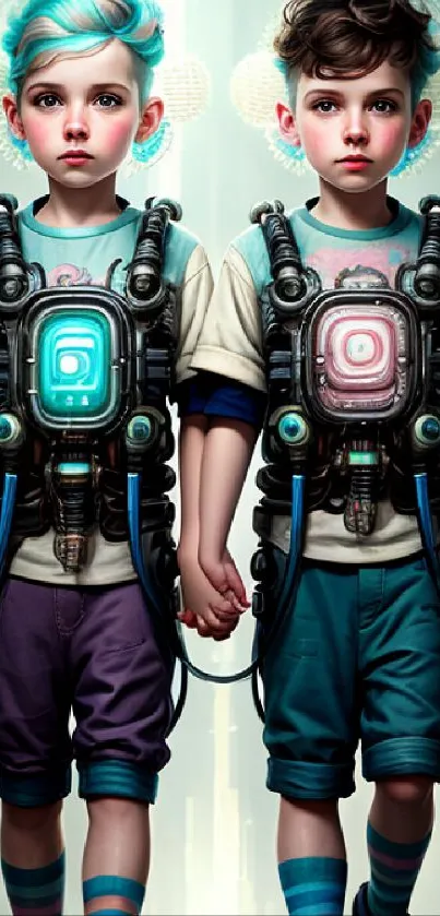 Two futuristic children with cyber gear in a sci-fi setting.