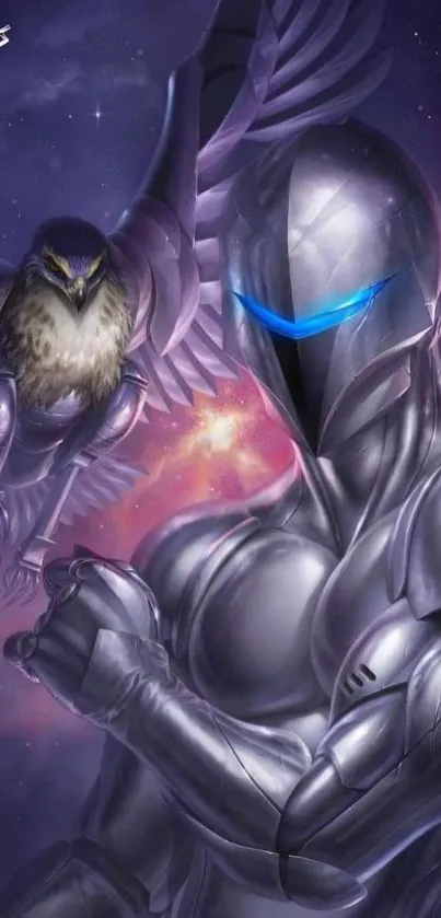 Futuristic knight with a hawk in a purple galaxy setting.