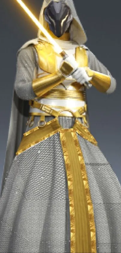 Futuristic knight in gray and gold armor holding a sword.