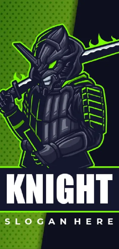 Futuristic knight holding sword in neon green on dark background.