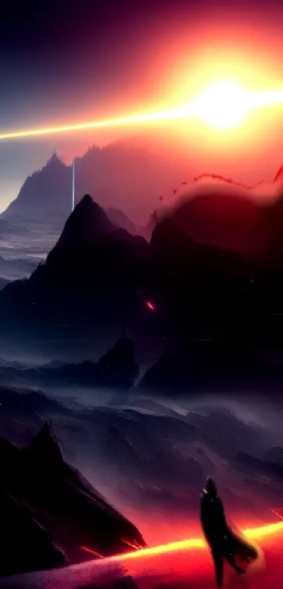 Futuristic landscape with sunrise and silhouetted figure.