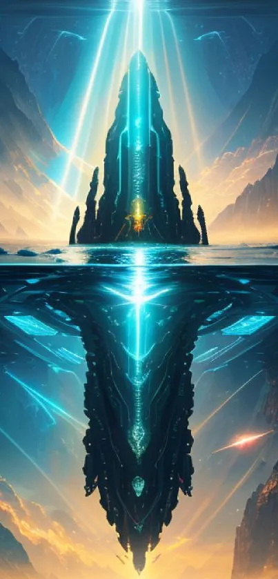 Futuristic landscape with radiant light and alien structure in digital art.