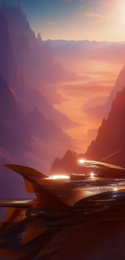 Futuristic spaceship soaring through a sunset landscape.