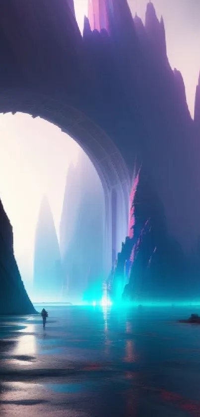 Futuristic landscape with neon lights and towering mountains.