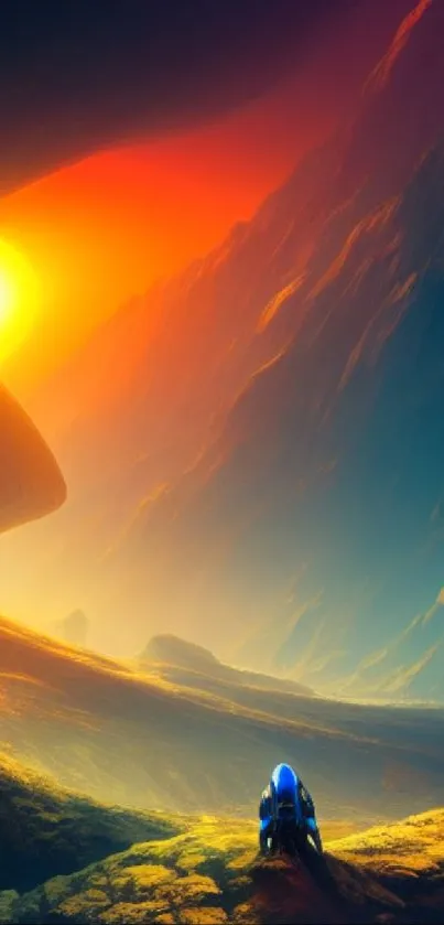 Futuristic landscape with sunrise over a vivid, colorful terrain.