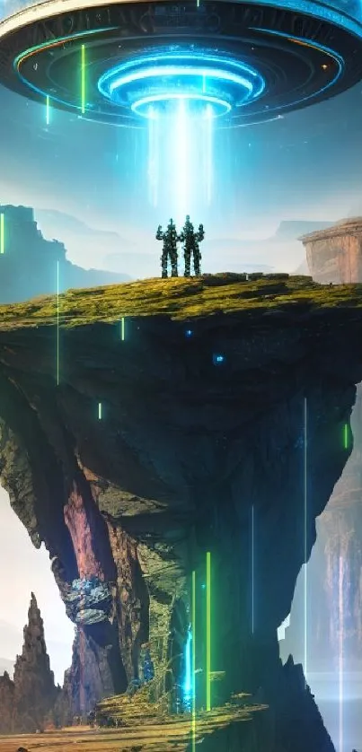 Futuristic landscape with hovering spacecraft and vibrant blue hues.