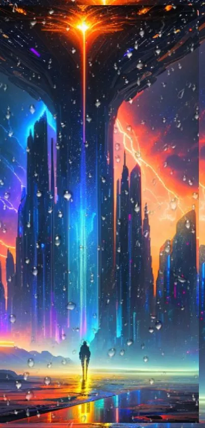 Futuristic cityscape with neon lights under a stormy sky, perfect for mobile wallpaper.