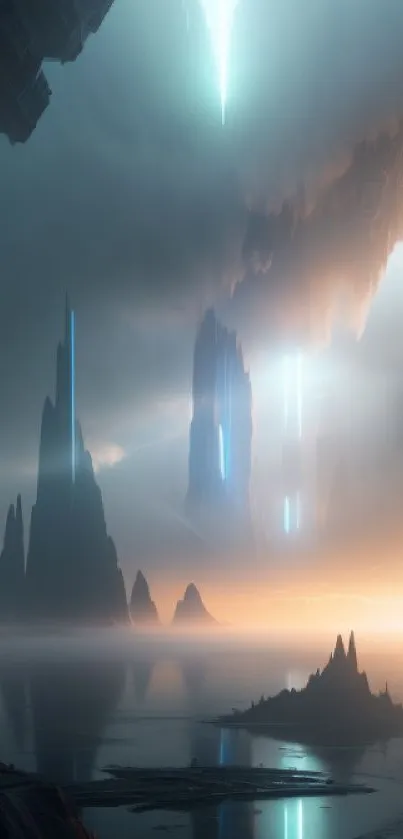 Futuristic landscape with glowing mountains and misty ambiance.