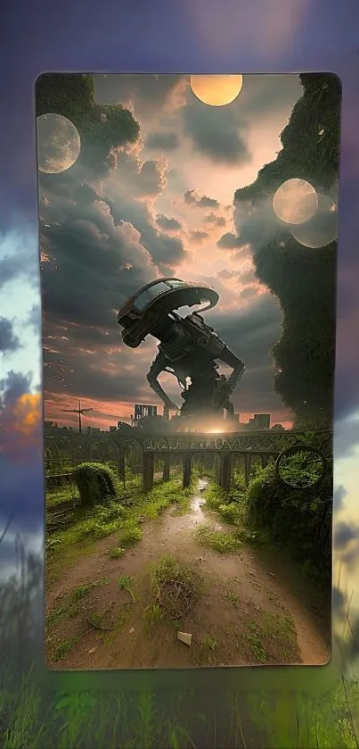 Futuristic monument at sunset with clouds.